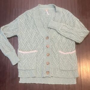 Free People Montana Cable Oversized Mint Green Knit Cardigan Size XS